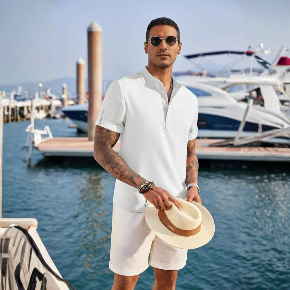 Textured Short Sleeve Casual Beach Button Down Shirt