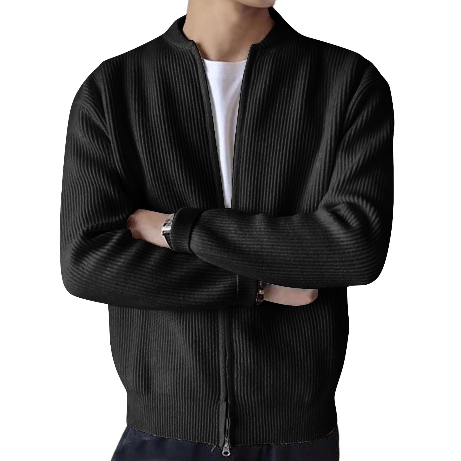 Casual Ribbed Zip Cotton Bomber Jacket for Men