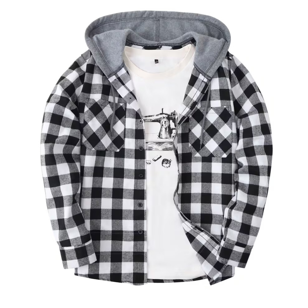 Plaid Hooded Jacket With Button Front And Long Sleeves