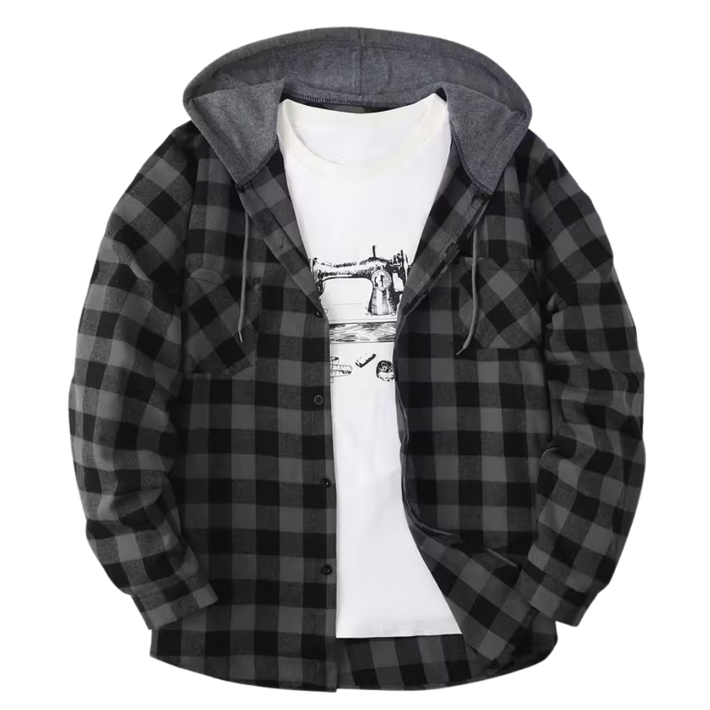 Plaid Hooded Jacket With Button Front And Long Sleeves