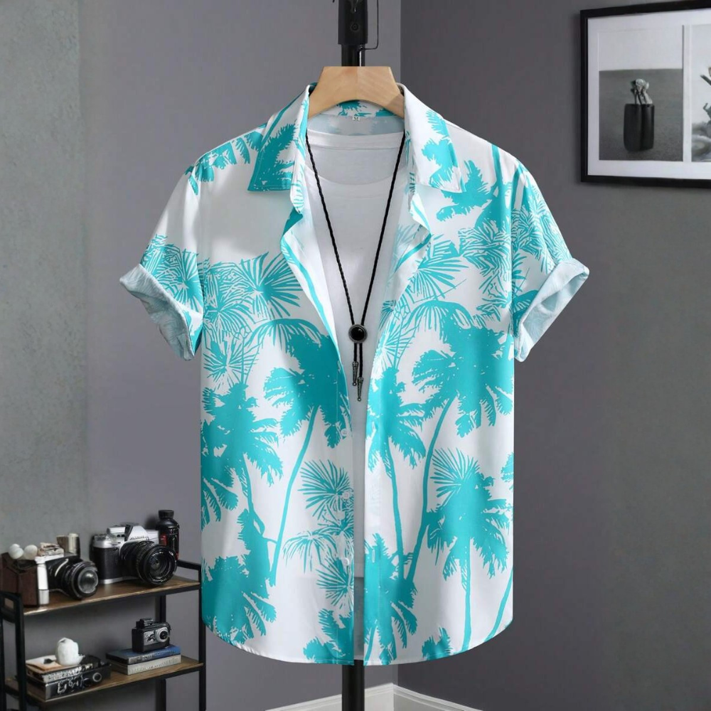 Palm Tree Print Short Sleeve Vacation Casual Shirt For Men