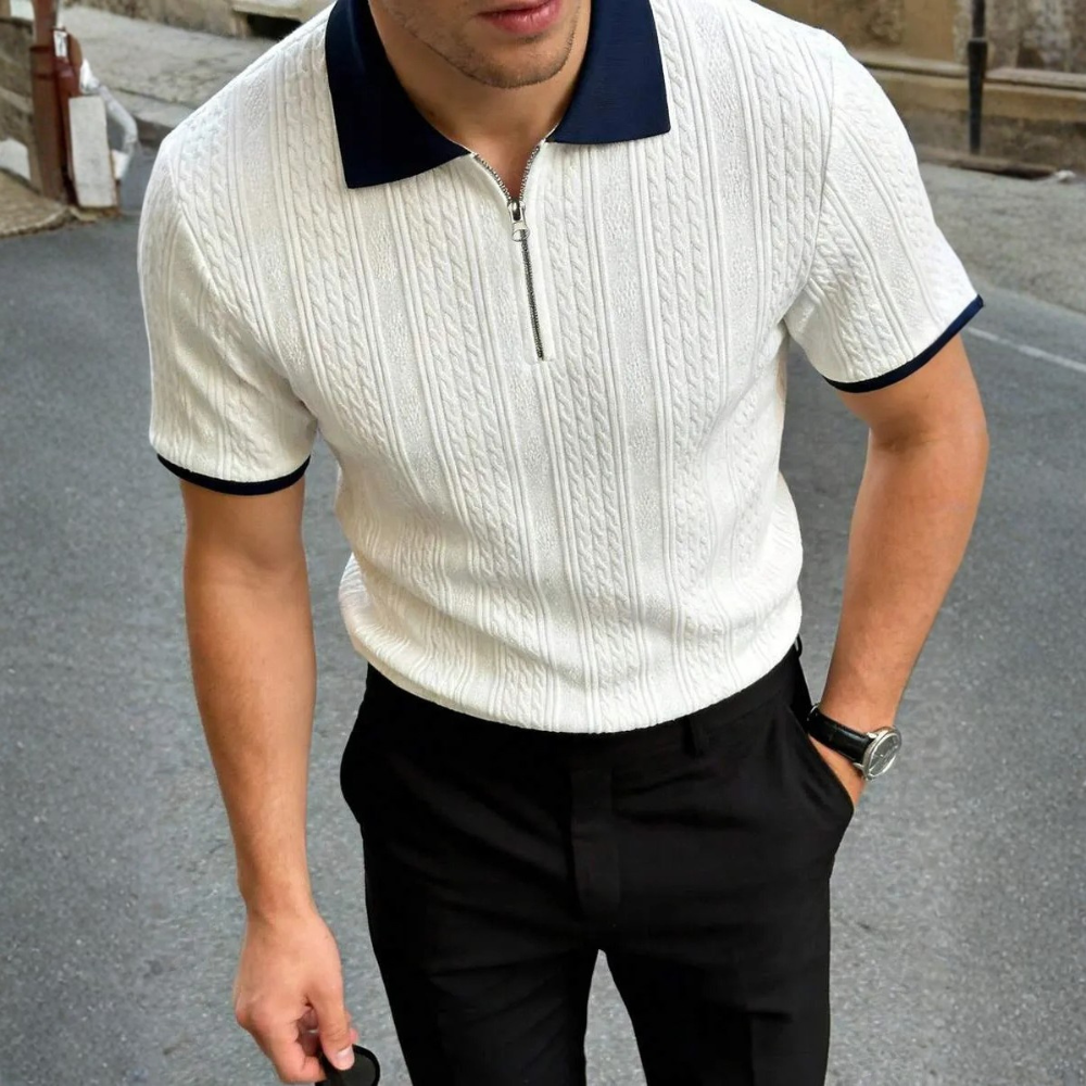 Summer Jacquard Half Zip Contrast Collar Polo Shirt