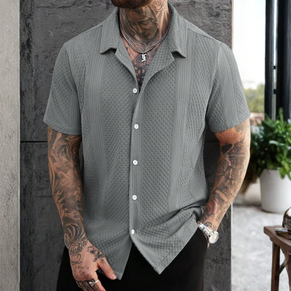 Solid Jacquard Knit Short Sleeve Shirt For Men