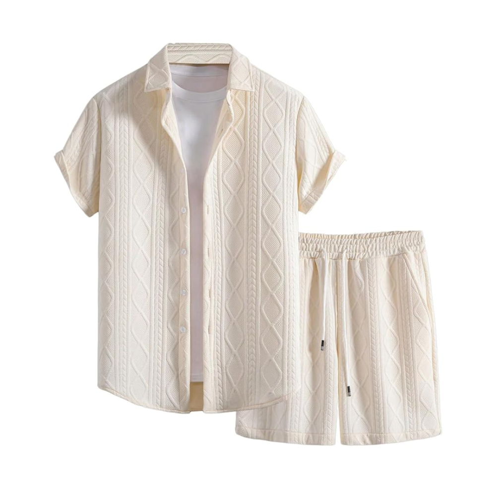Waffle Knit Button Down Shirt and Shorts Set For Men