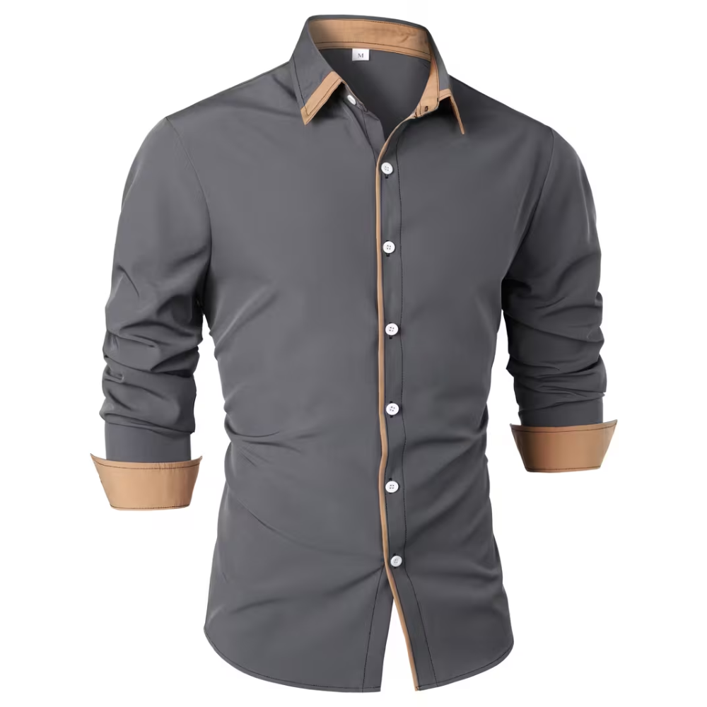 Casual Long Sleeve Shirt With Contrast Color Statement Trim For Men