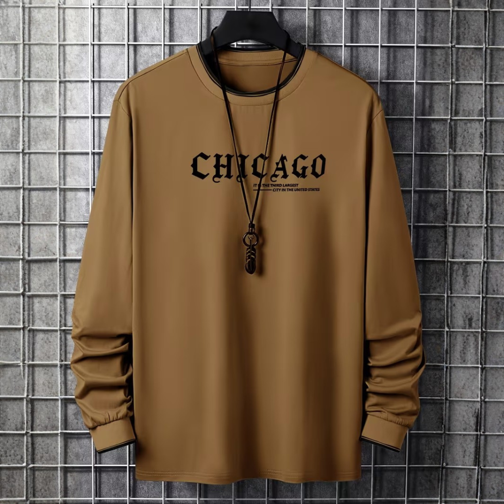Chicago Letter Graphic Print Long Sleeve Casual T Shirt For Men