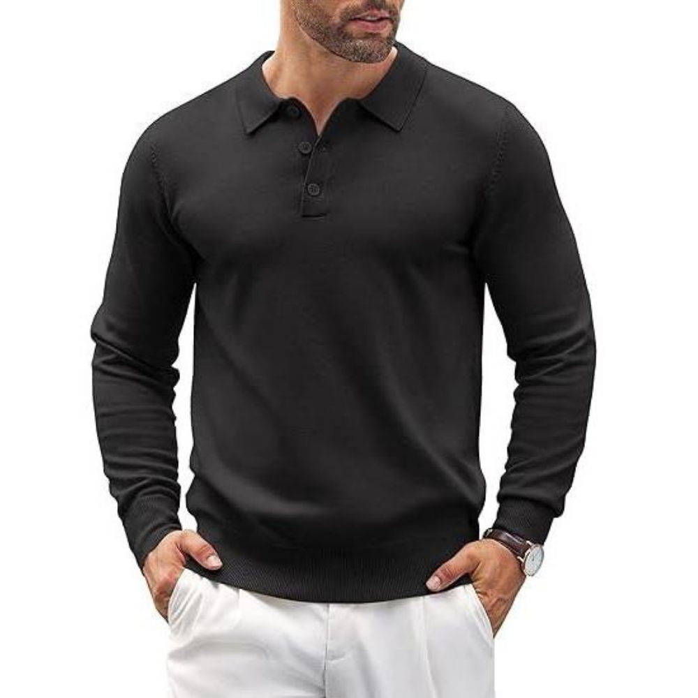 Long Sleeve Front Buttoned Knit Polo Shirt For Men