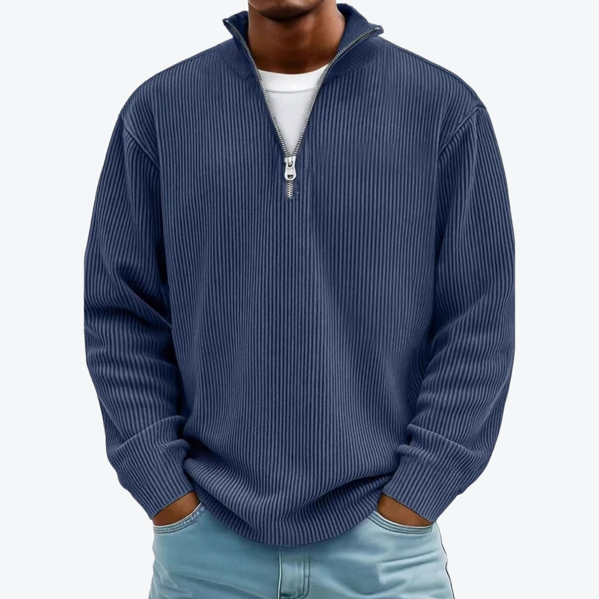Men Corduroy Zipper Stand Collar Sweatshirt