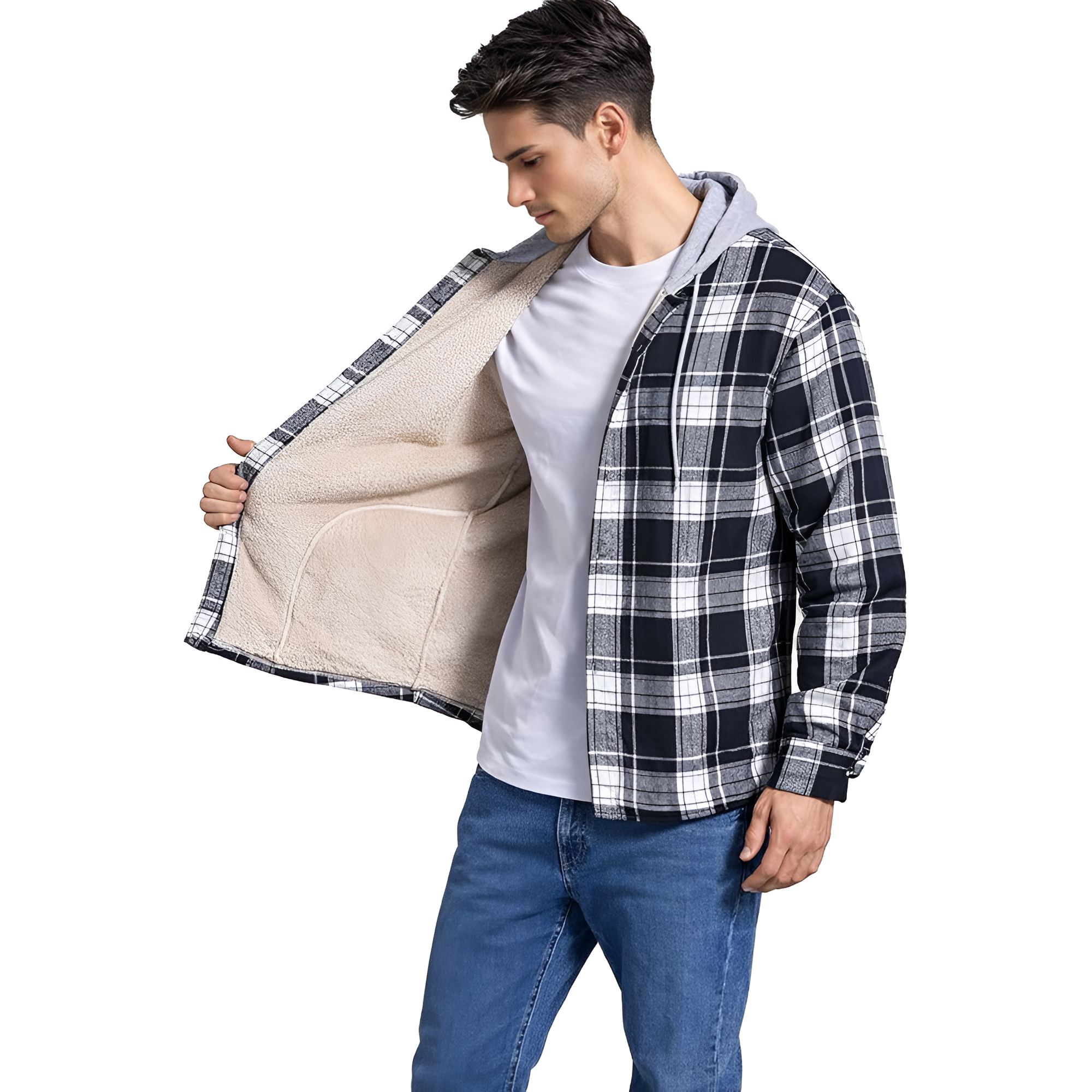 Men's Cotton Plaid Shirts Jacket Fleece Lined Flannel Shirts Sherpa Button Down Jackets with Hood for Men