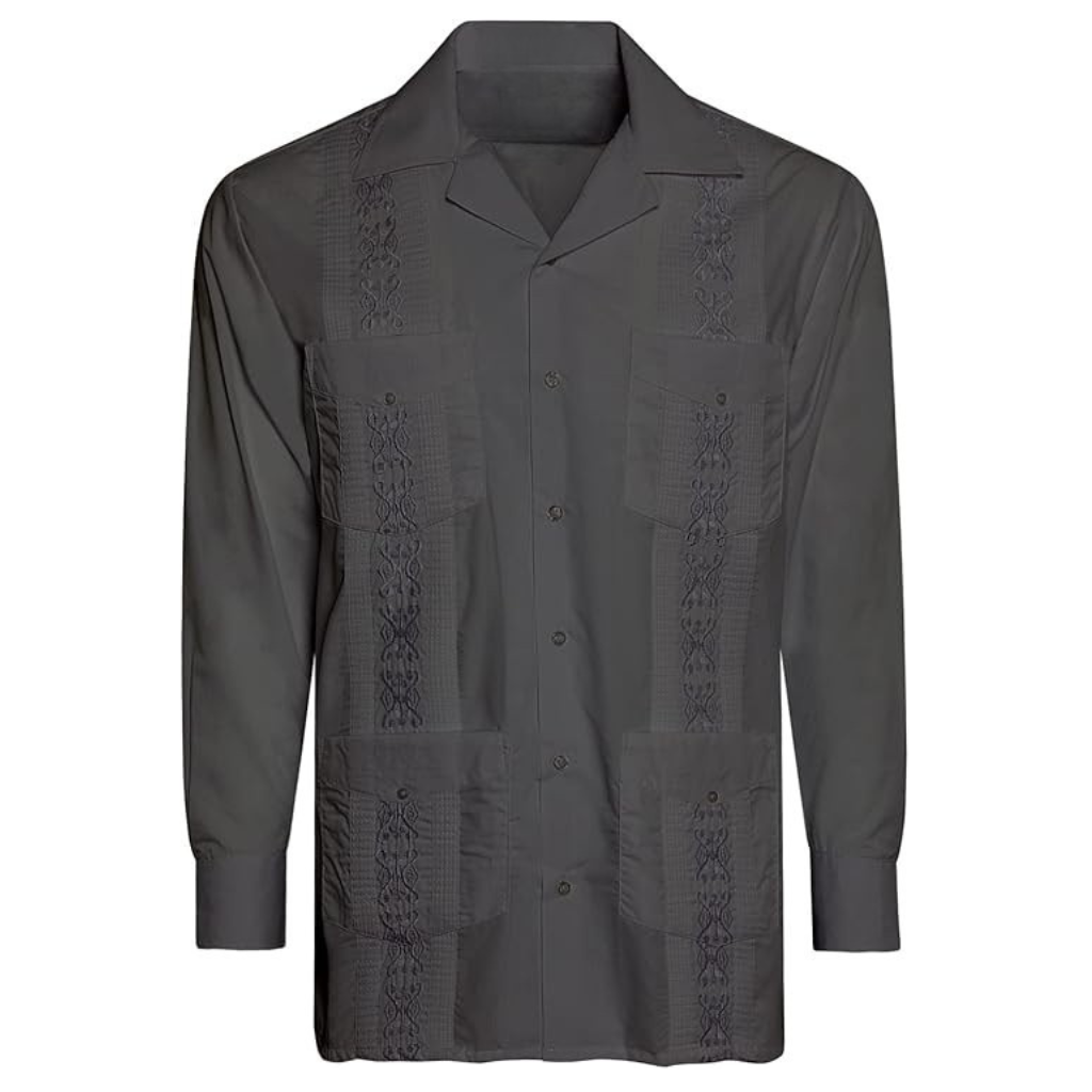 Embroidered Long Sleeve Cuban Collar Casual Button Shirt For Men