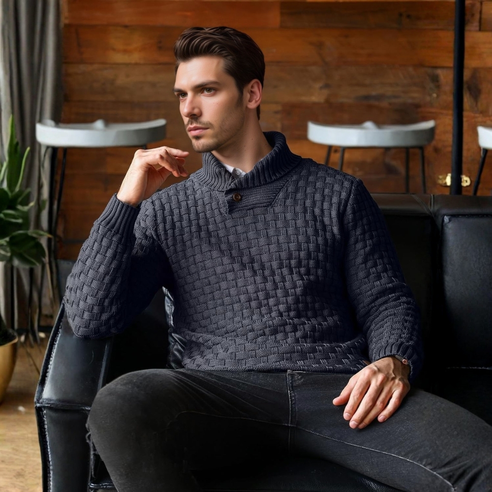 Mens Casual Pullover Fall Winter Turtleneck Cable Knit v Neck Fisherman Waffle Sweater