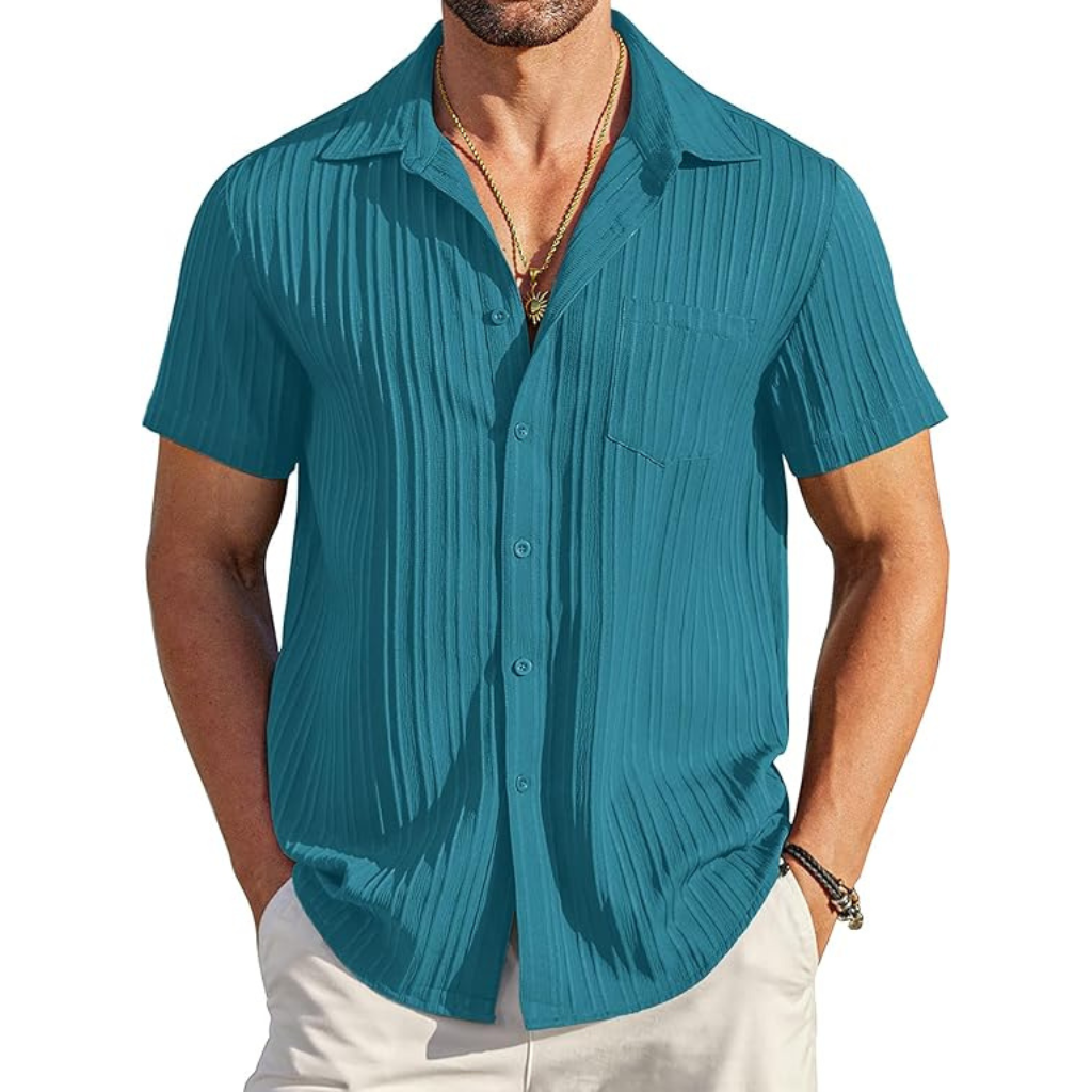 Casual Short Sleeve Summer Wear Button Down Textured Shirts For Men