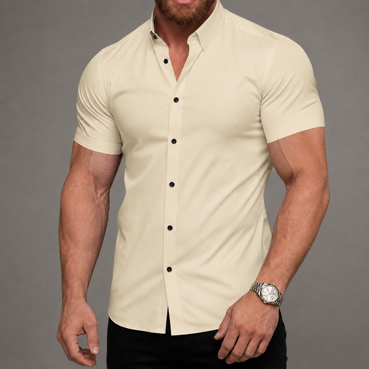 Short Sleeve Lapel Shirt With Button Detail With Non Iron Finish For Men