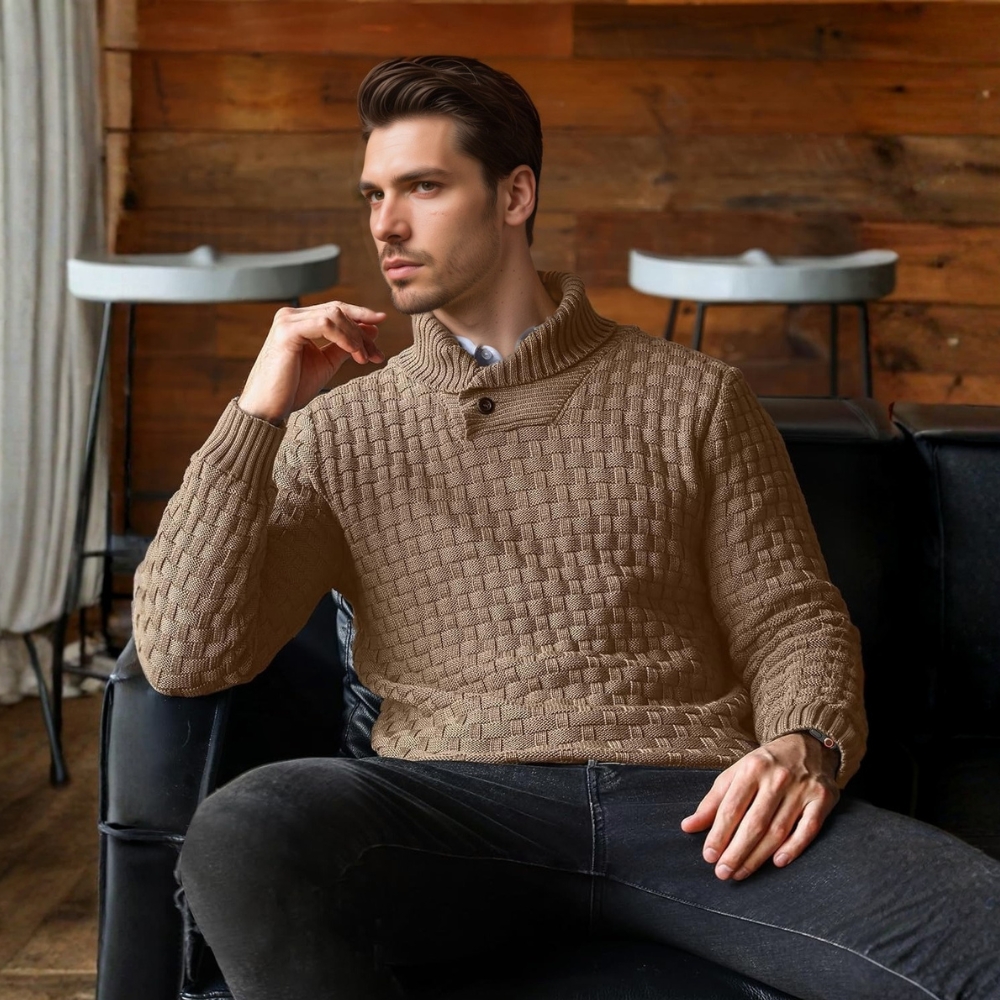 Mens Casual Pullover Fall Winter Turtleneck Cable Knit v Neck Fisherman Waffle Sweater