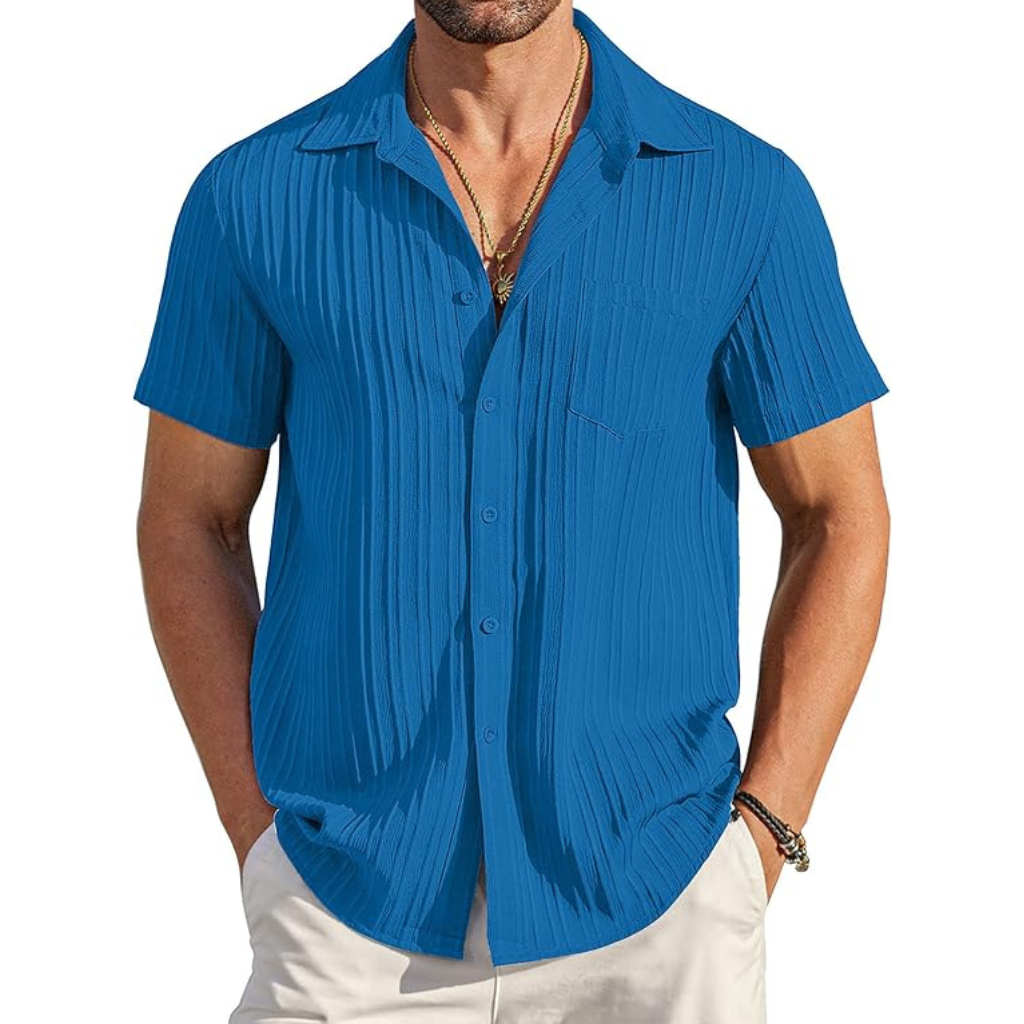 Casual Short Sleeve Summer Wear Button Down Textured Shirts For Men
