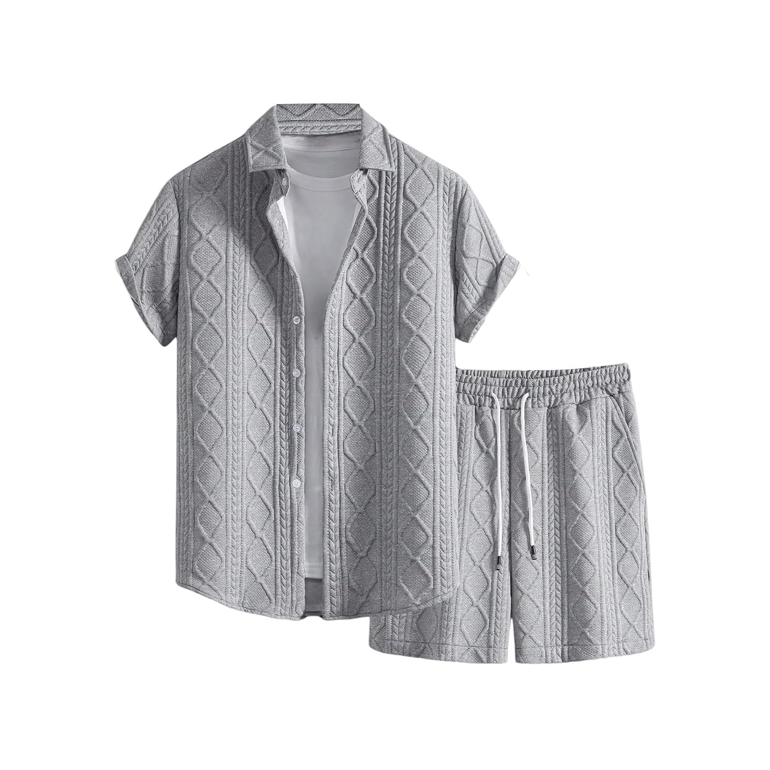 Waffle Knit Button Down Shirt and Shorts Set For Men