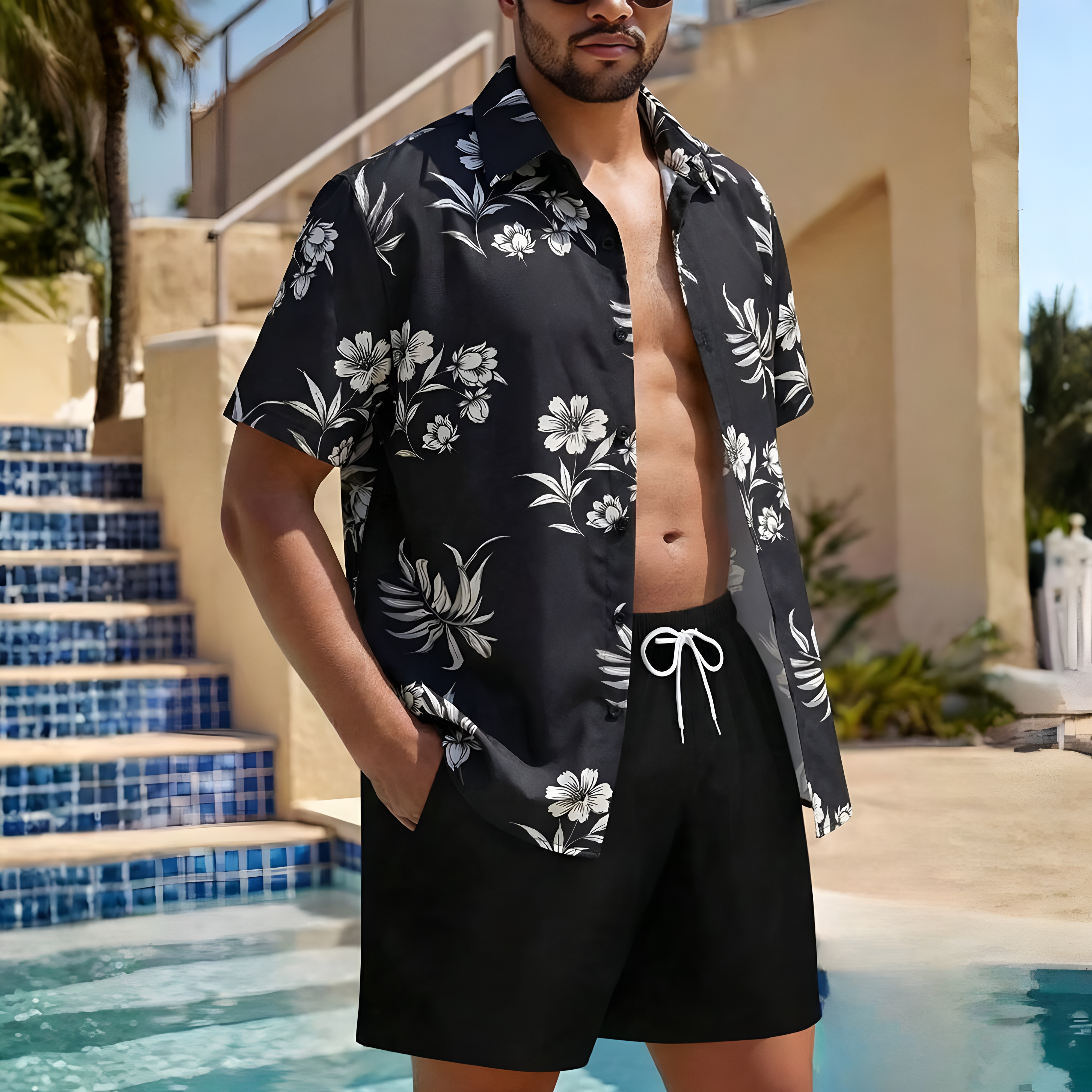Summer Vacation House Print Short Sleeve Shirt And Shorts Set For Men