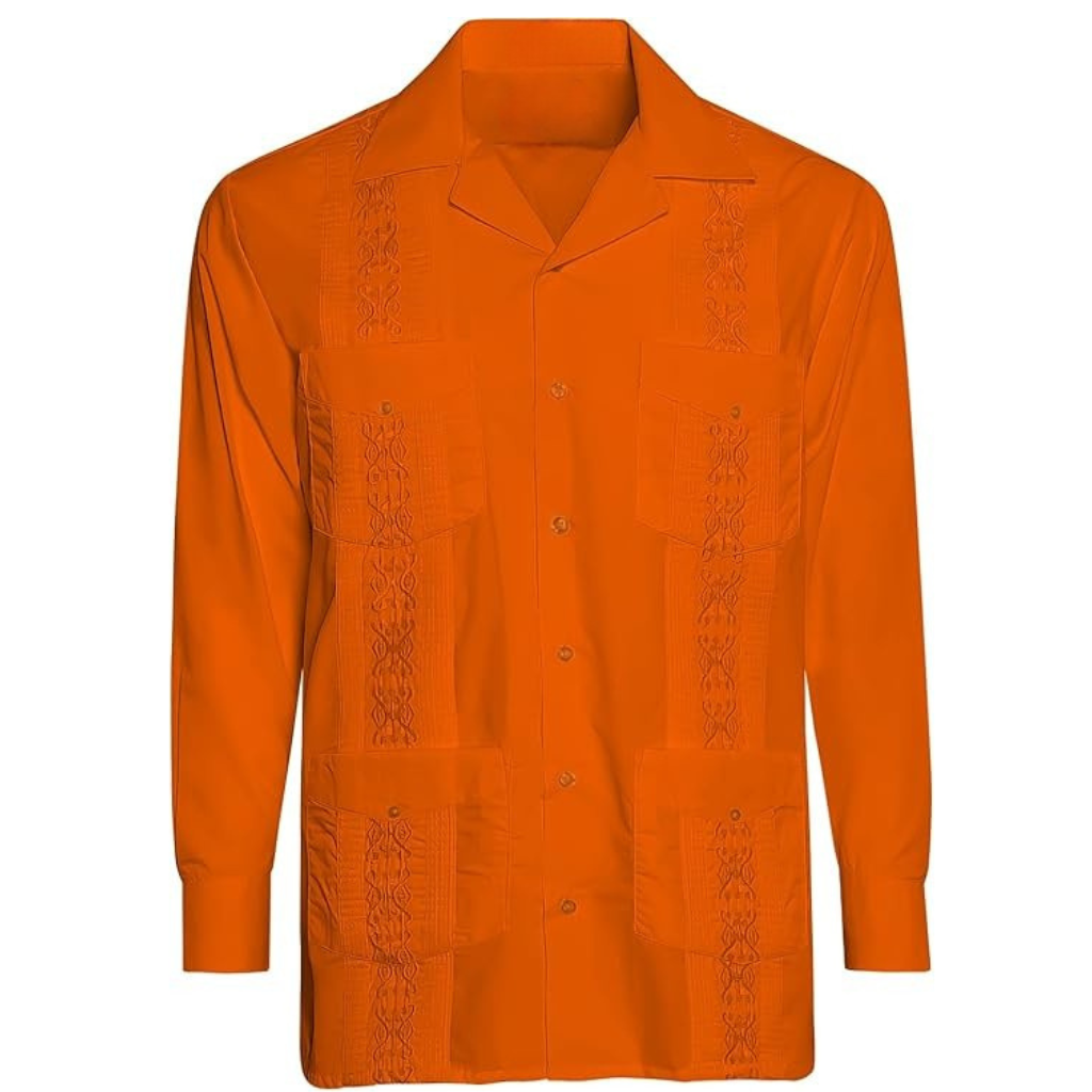 Embroidered Long Sleeve Cuban Collar Casual Button Shirt For Men