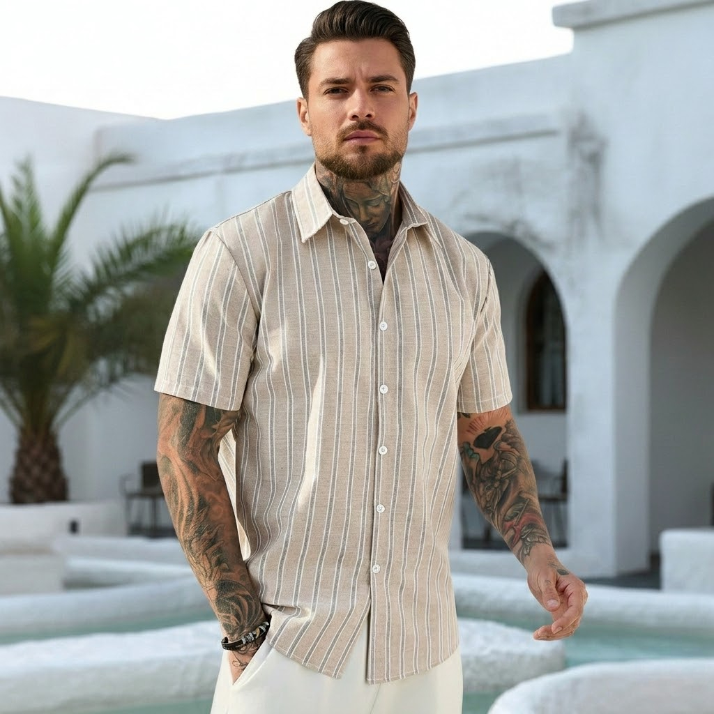 Colorblock Striped Short Sleeve Shirt For Men