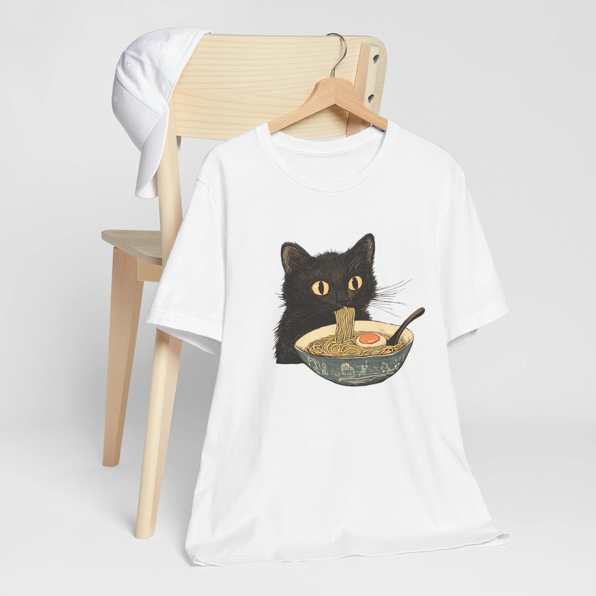 Cat Eating Bowl Of Ramen Noodles Printed T Shirt