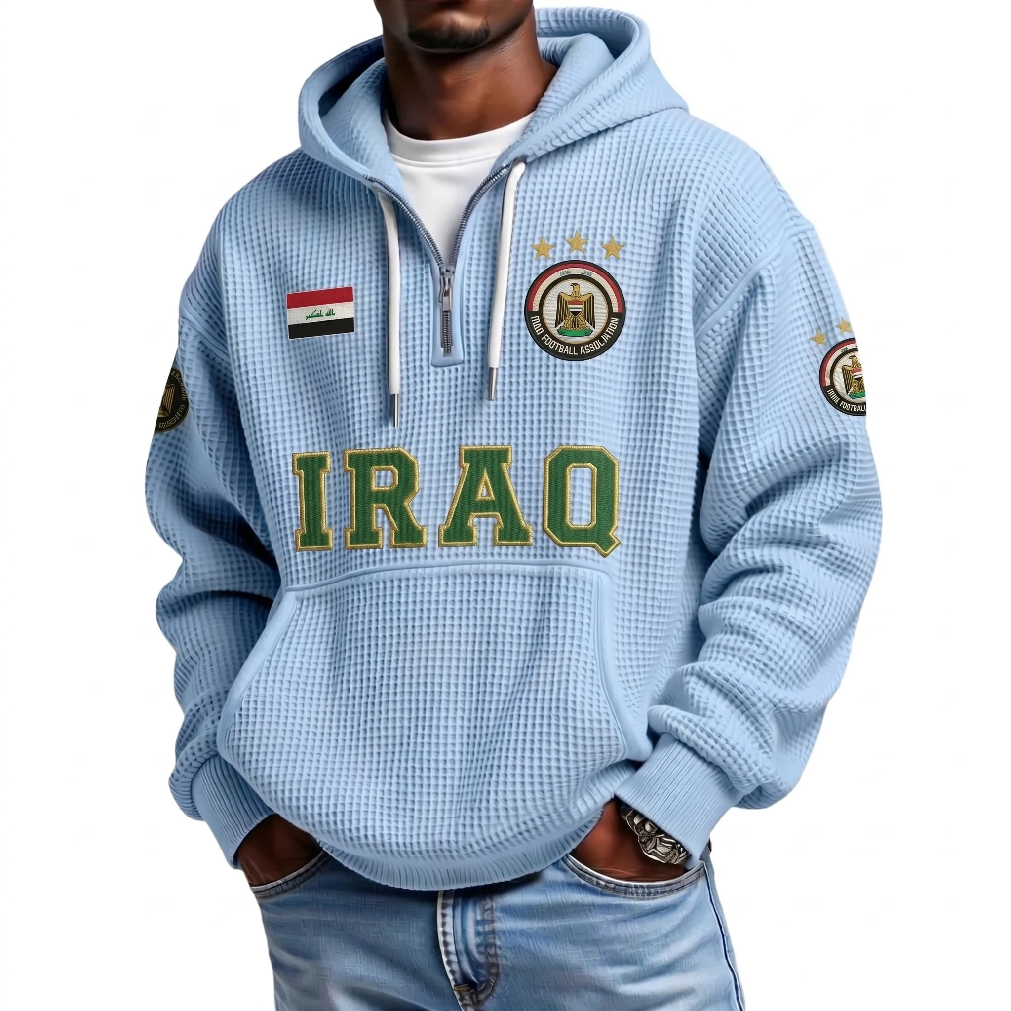 Iraq Printed Waffle Quarter Zip Football Fan Hoodie