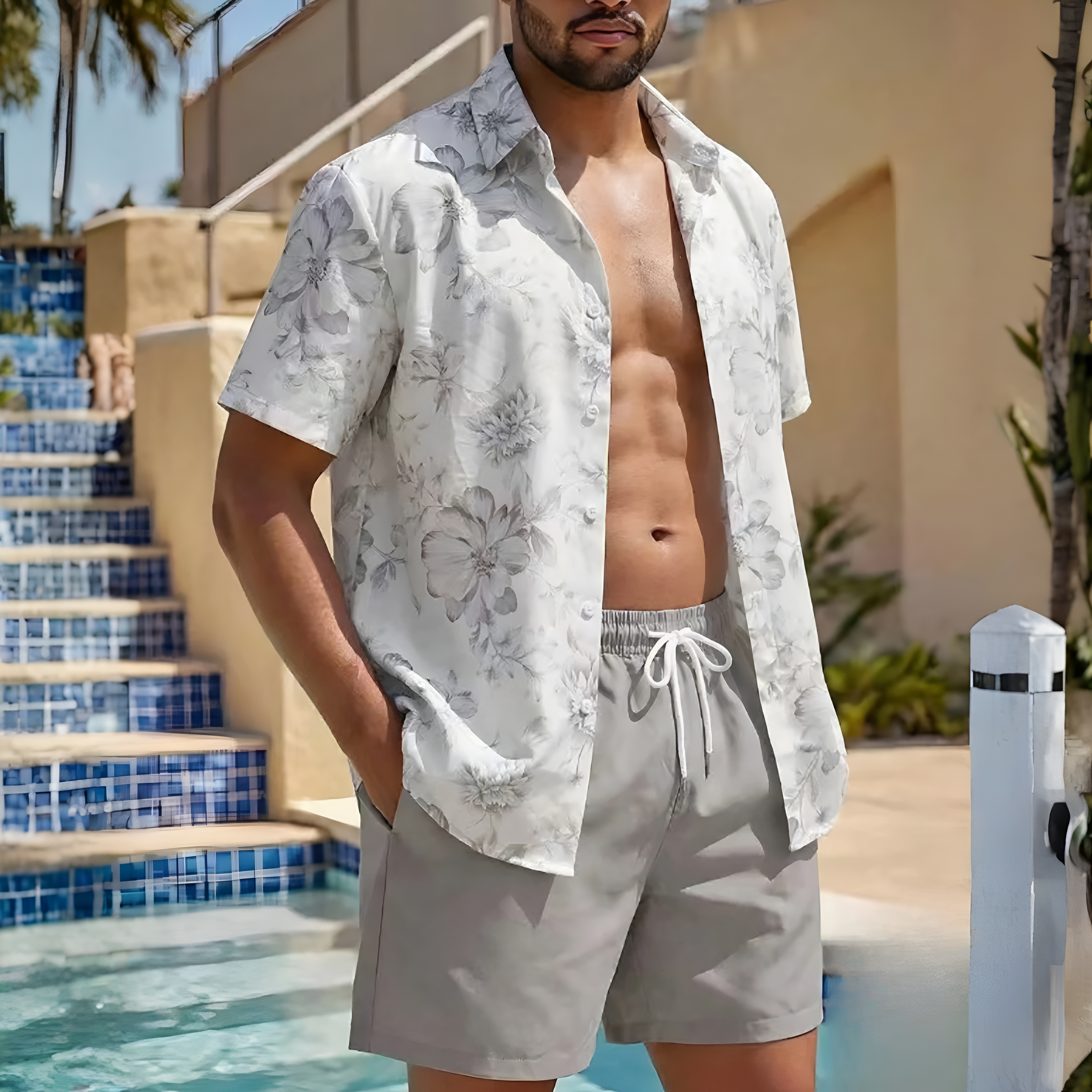 Summer Vacation House Print Short Sleeve Shirt And Shorts Set For Men