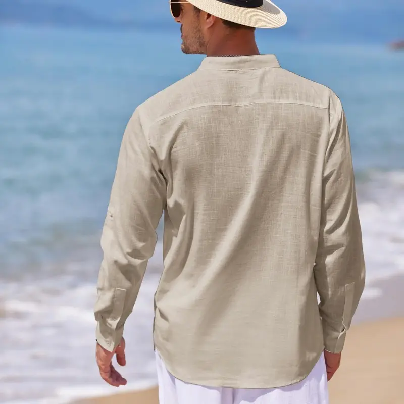 Casual Stand Collar Long Roll Up Sleeve Button Down Shirt For Men