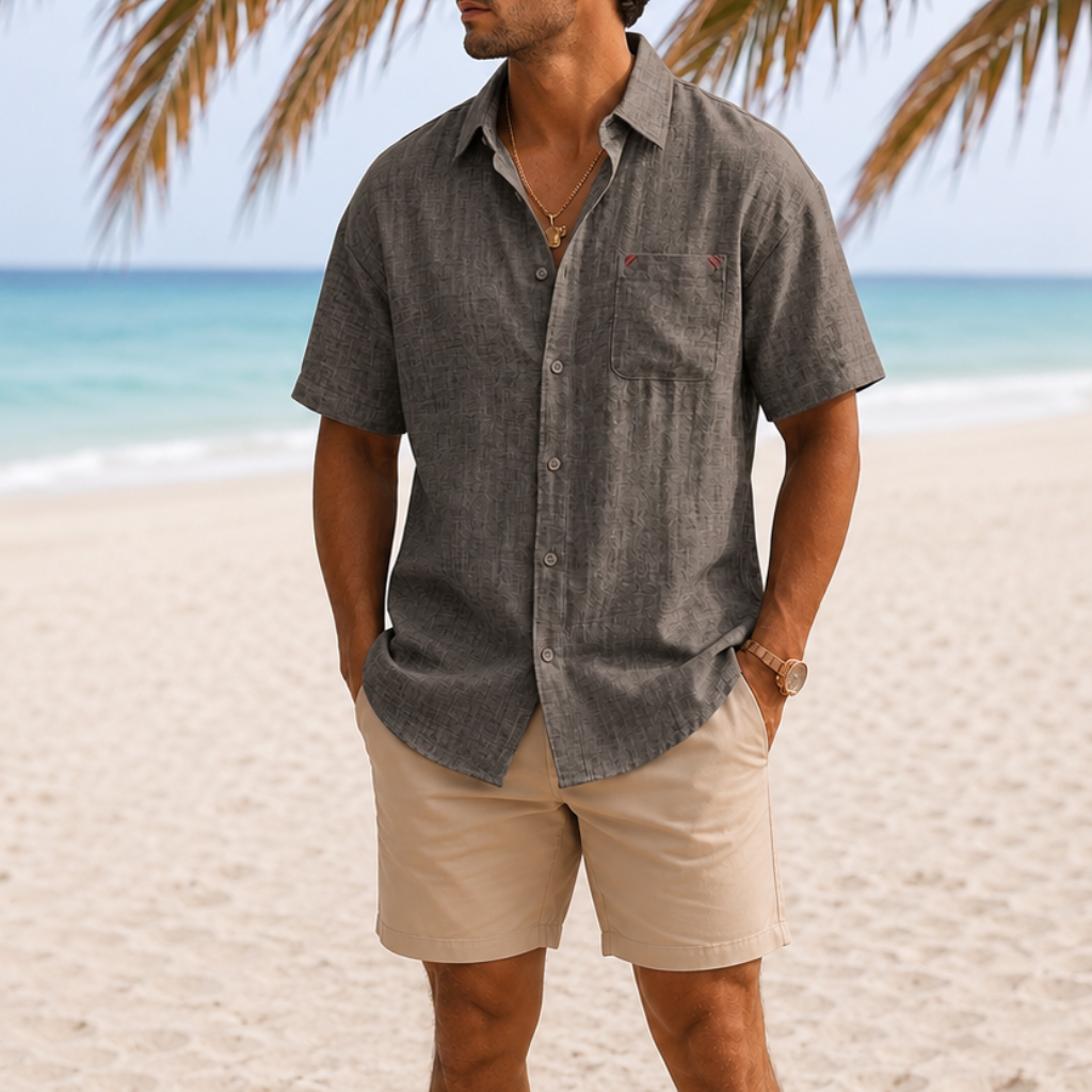Lightweight Collared Faux LinenShort Sleeve Button Up Shirt With Pocket For Men