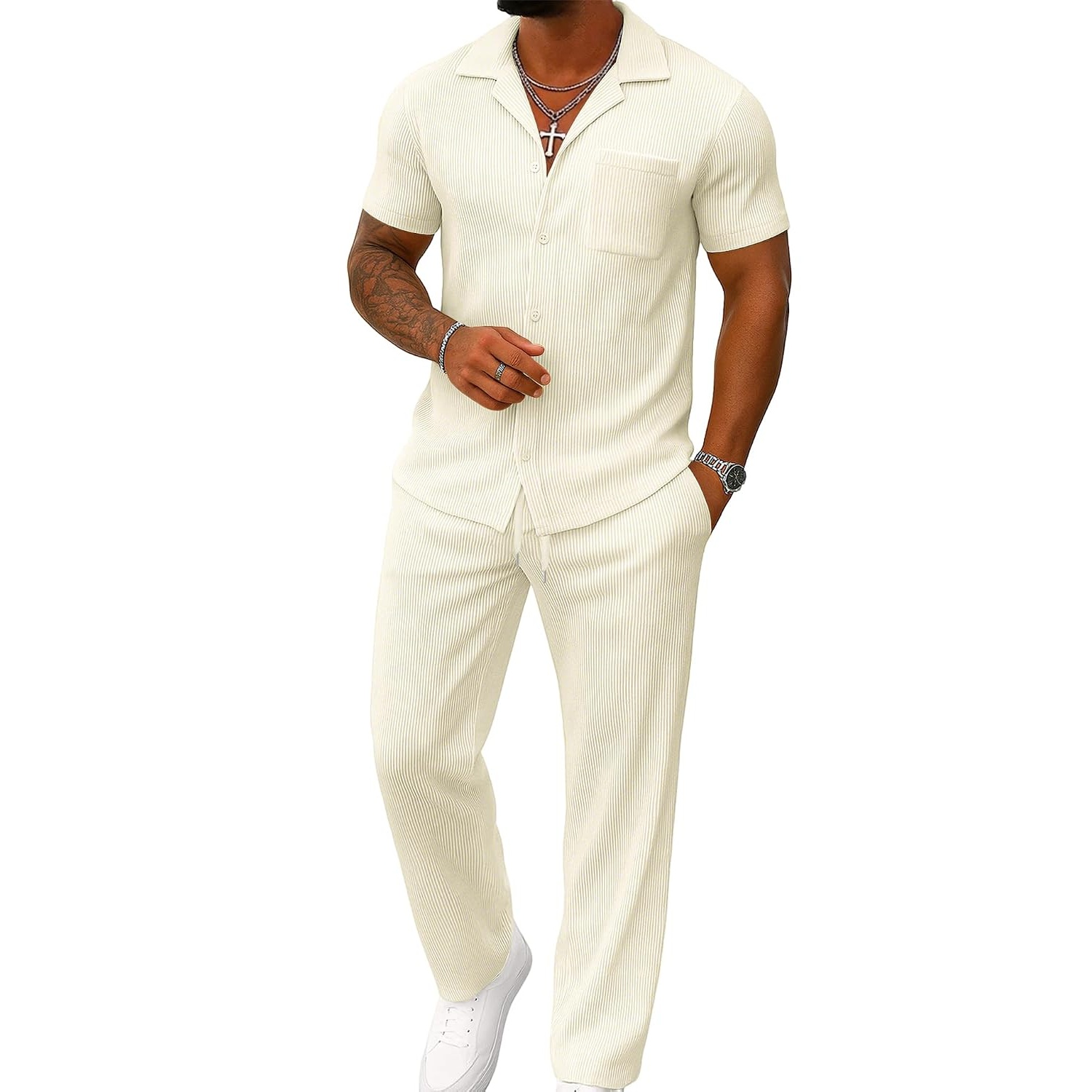 Casual Summer Short Sleeve Shirt With Pant Set For Men
