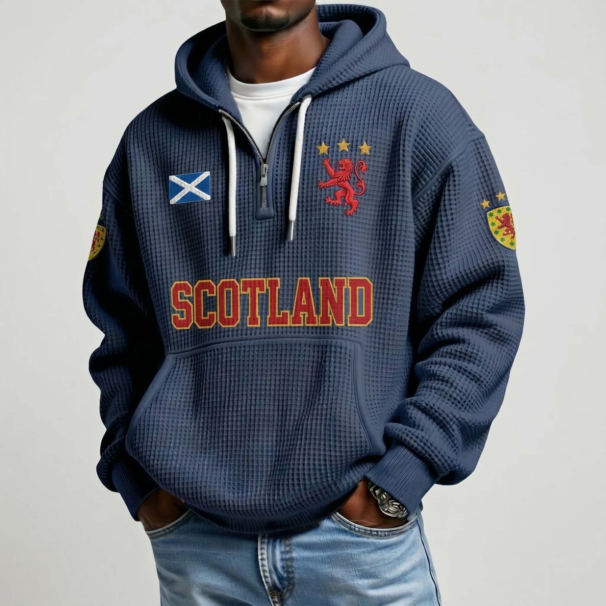 Scotland Printed Waffle Quarter Zip Football Fan Hoodie