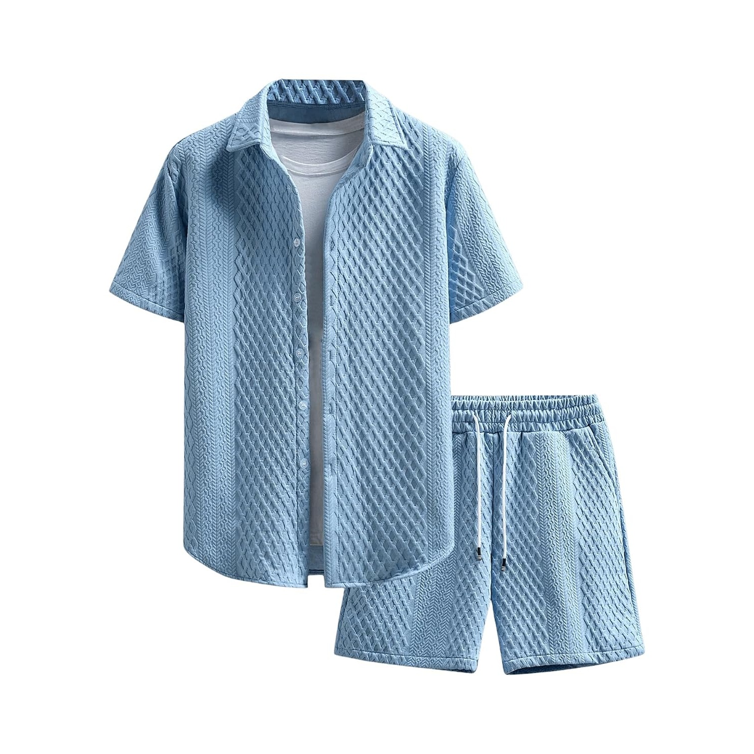 Waffle Knit Button Down Shirt and Shorts Set For Men
