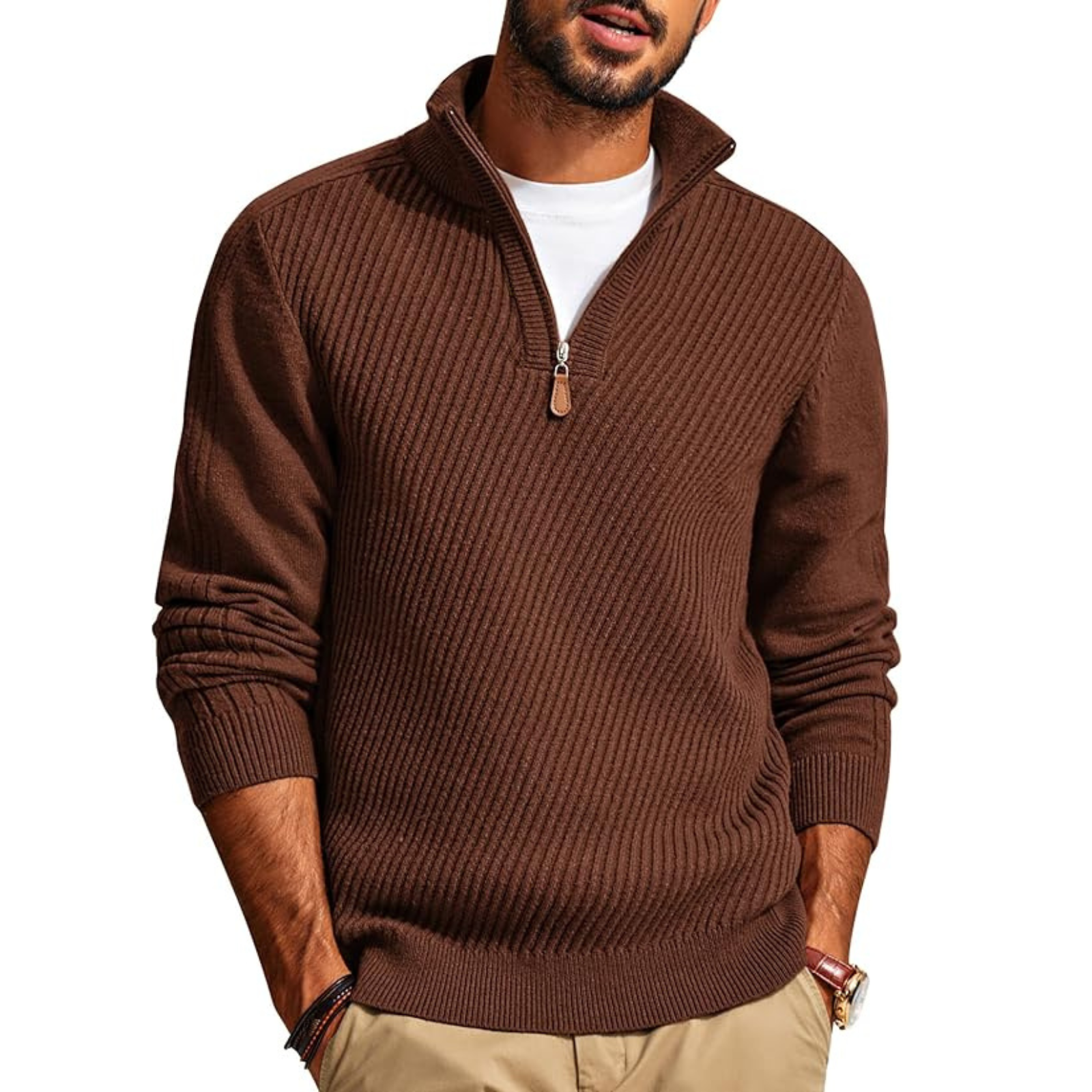 Textured Knit Quarter Zip Pullover Sweater For Men
