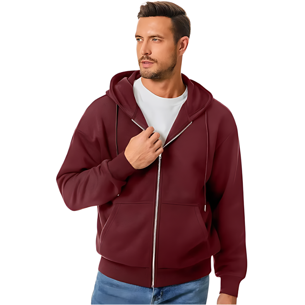 Men Full Zip Cotton Fleece Hoodie Sweatshirt