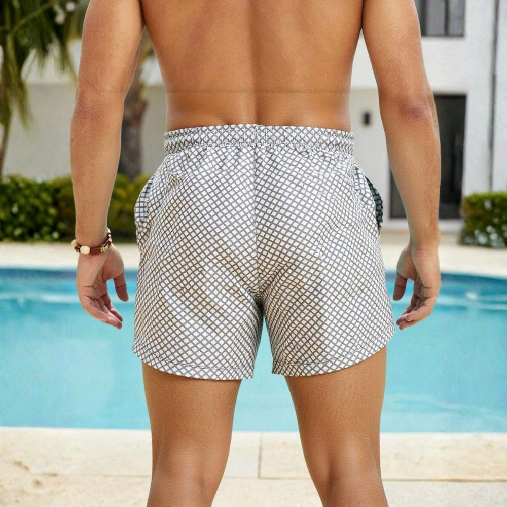 Plaid Print Dual Layer Drawstring Beach Shorts For Men
