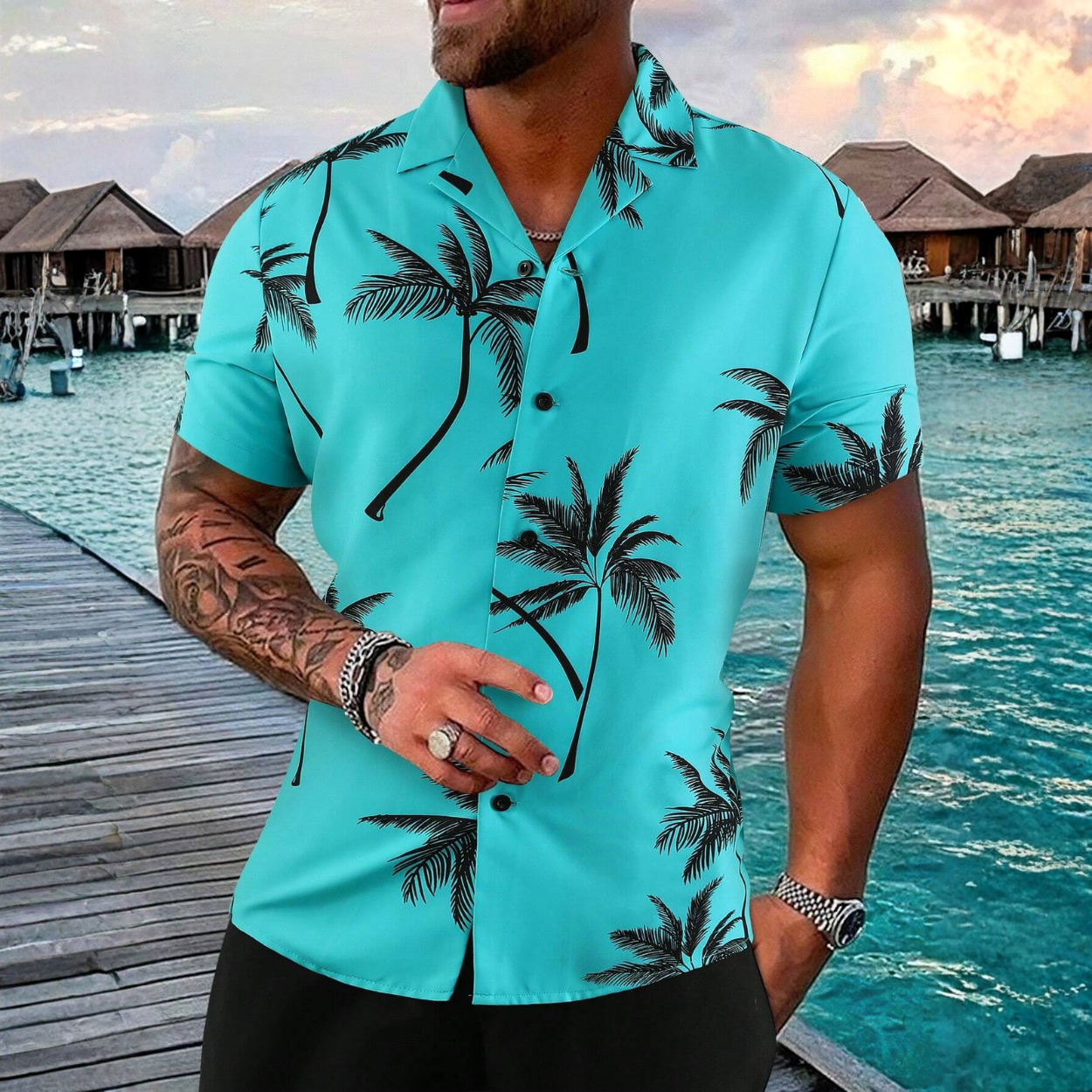 Tropical Plant Print Short Sleeve Summer Button Shirt For Men
