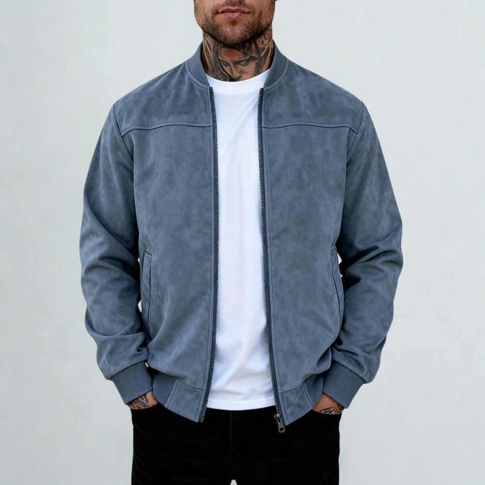 Suede Bomber Jacket With Full Zip Stand Collar For Men