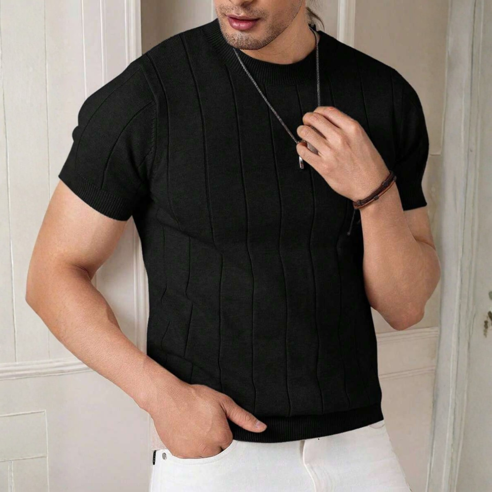 Short Sleeve Solid Knit Vertical Striped Top For Men
