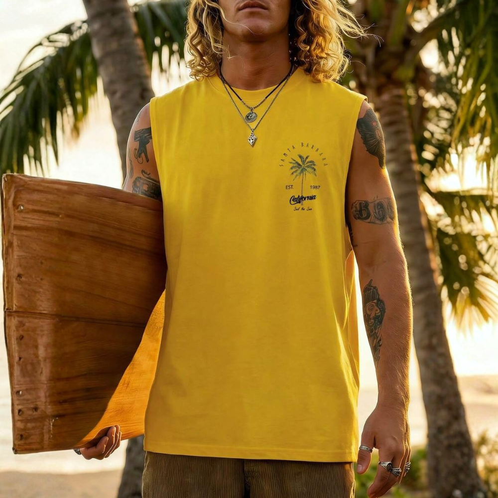 Coconut Tree Letter Print Casual Tank Top For Men