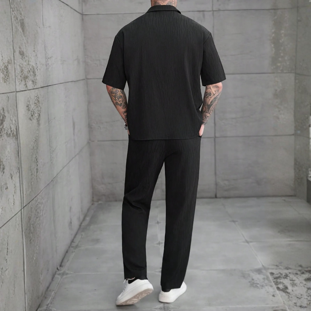 Linen Short Sleeve Ruffle Tape Shirt And Drawstring Pants For Men