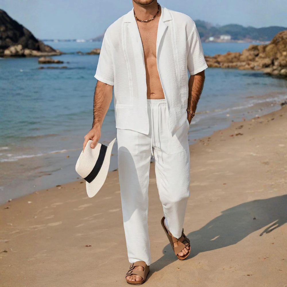 Linen Short Sleeve Ruffle Tape Shirt And Drawstring Pants For Men