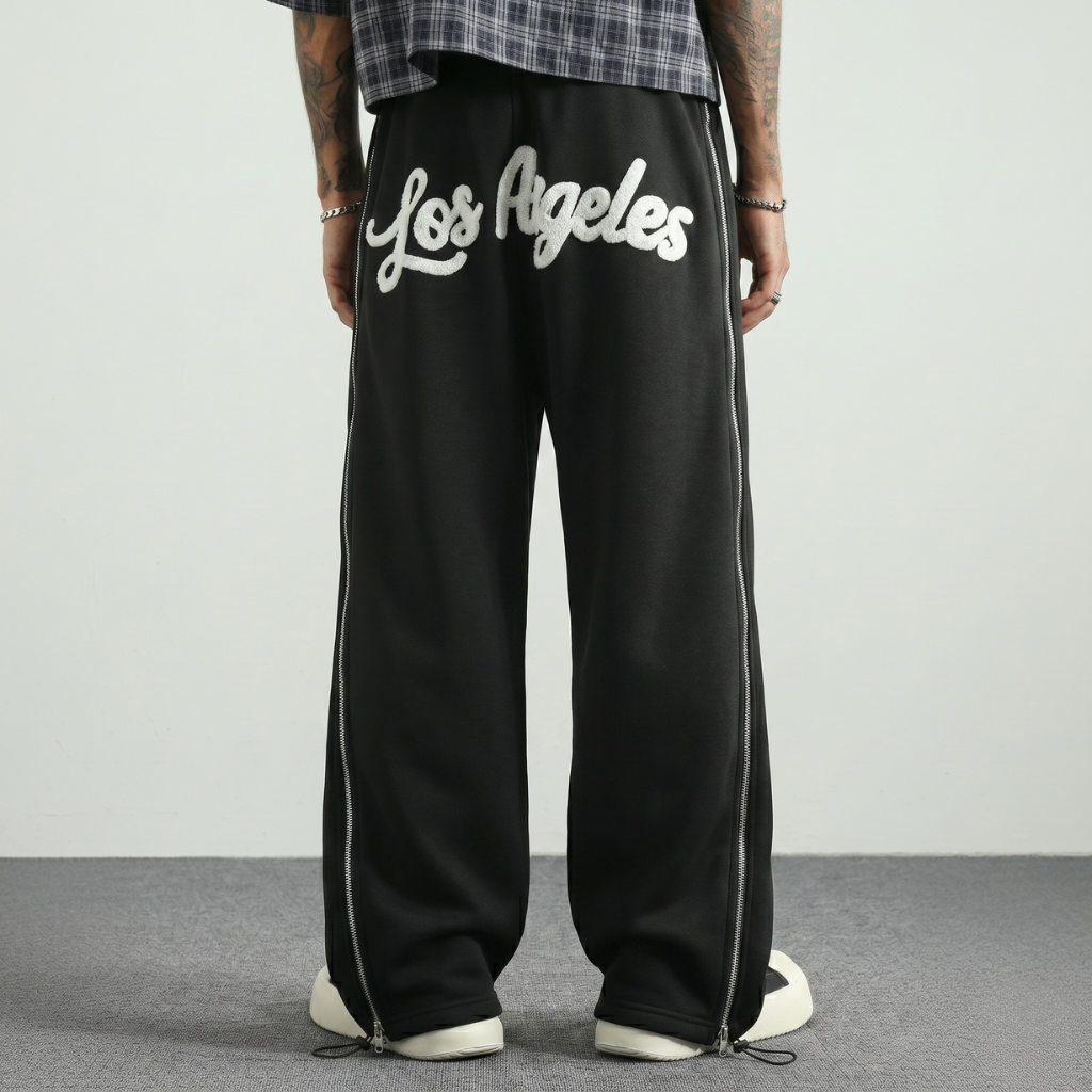 Street Style Wide Pants With Double Zipper And Side Panels
