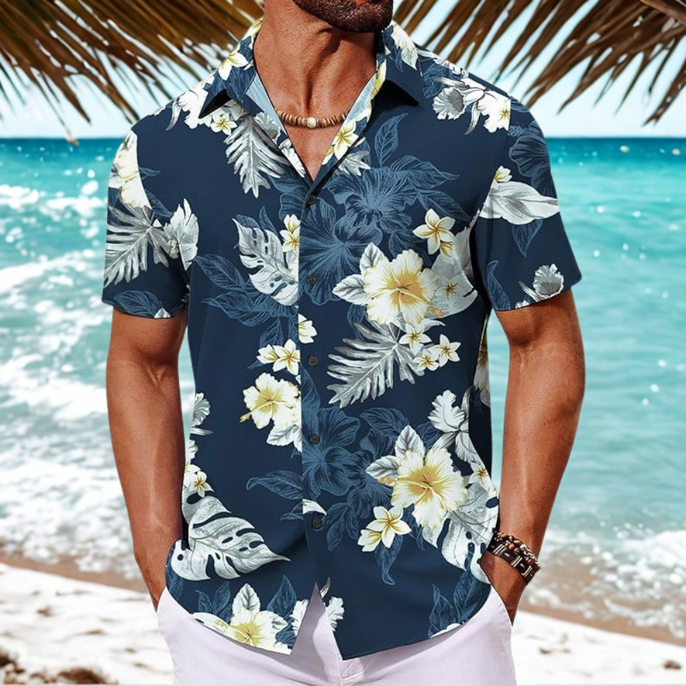 Floral Short Sleeve Button Front Hawaiian Shirt For Men