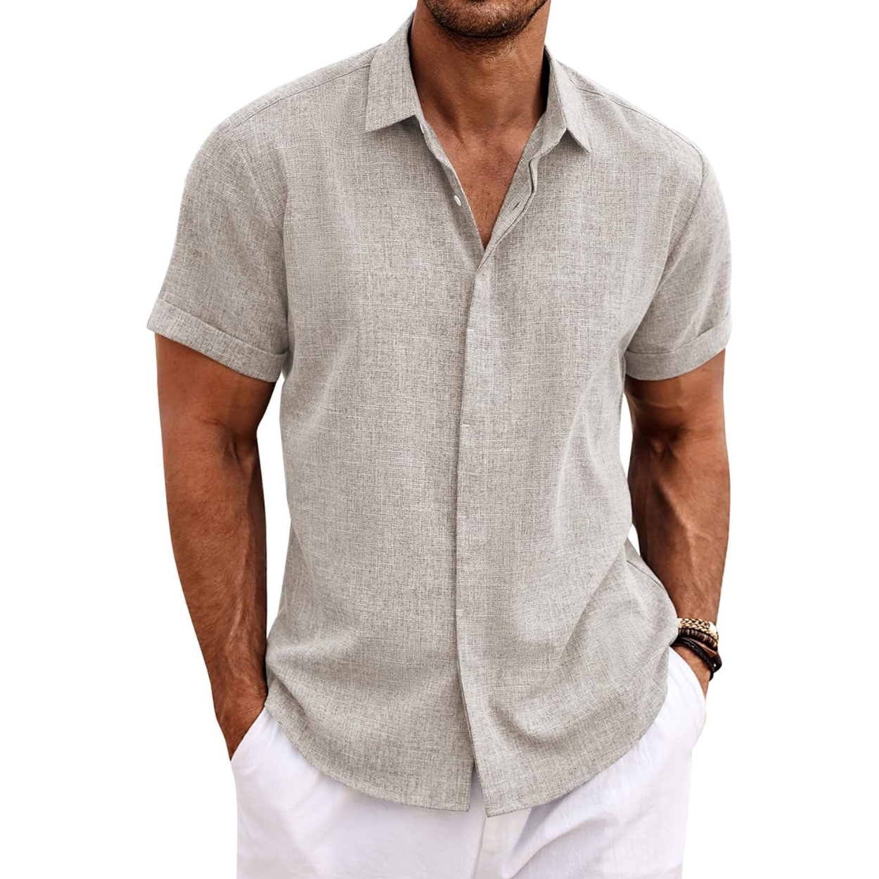 Casual Short Sleeve Linen Button Up Beach Shirt