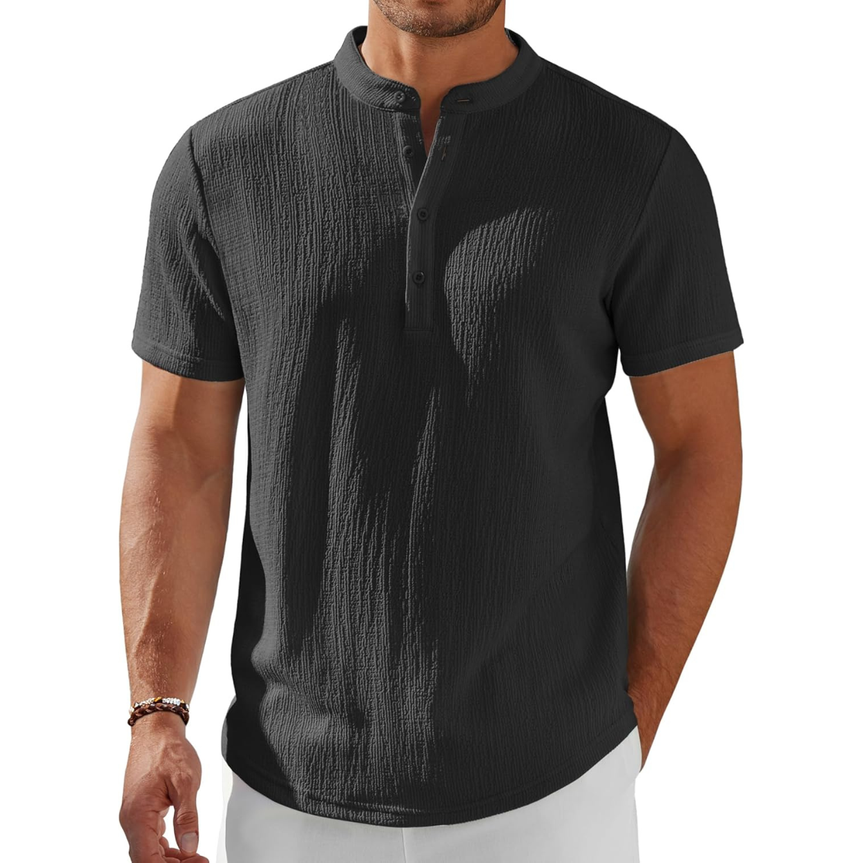 Short Sleeve Stand Collar Casual Beach Shirt For Men