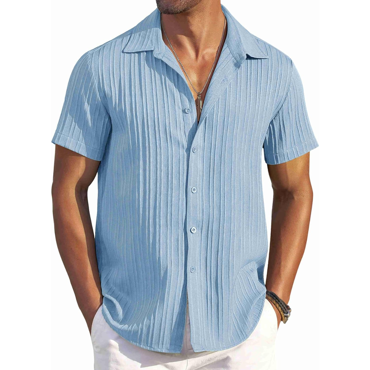 Casual Short Sleeve Textured Button Down Summer Beach Shirt For Men 