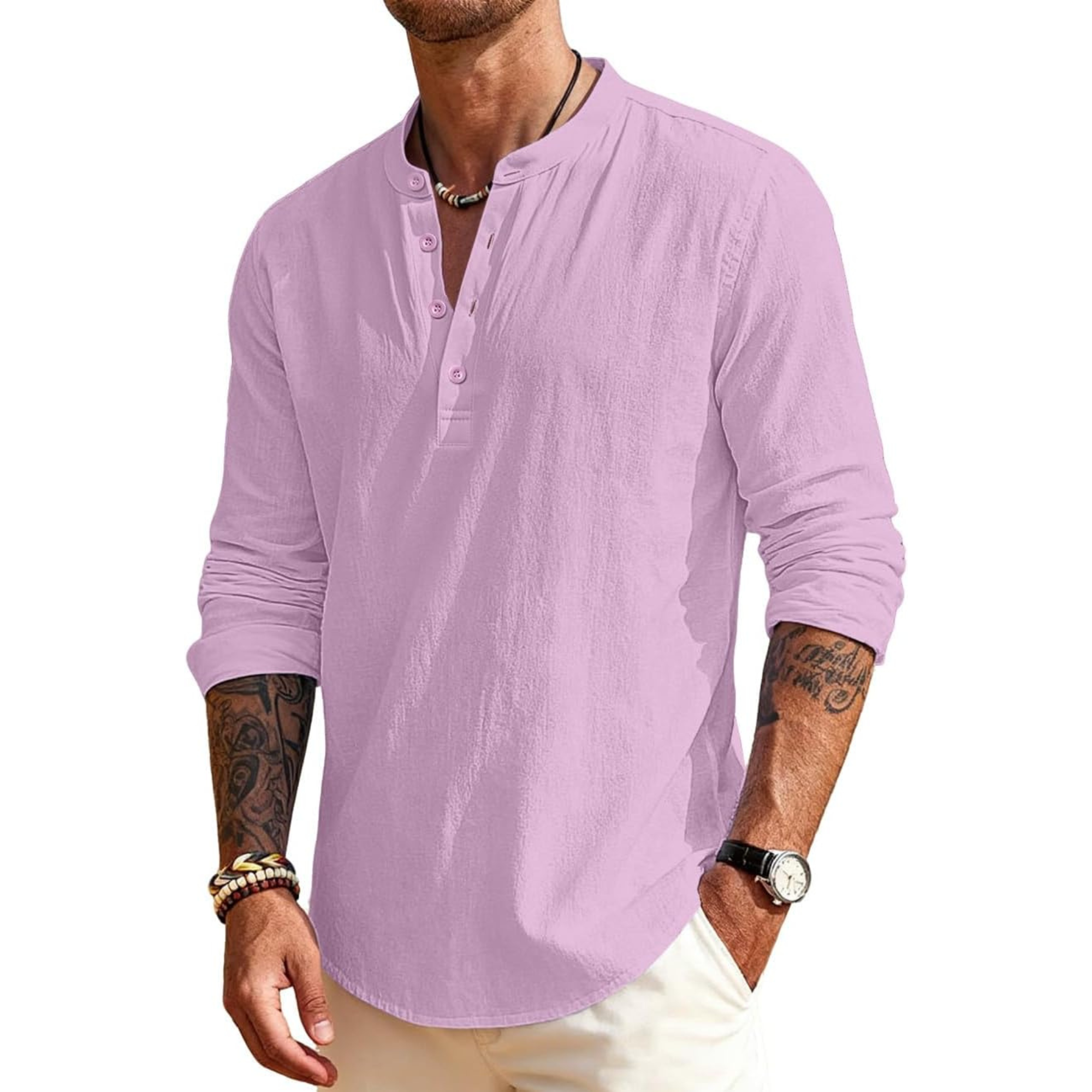 Linen Henley Long Sleeve Casual Beach Shirts