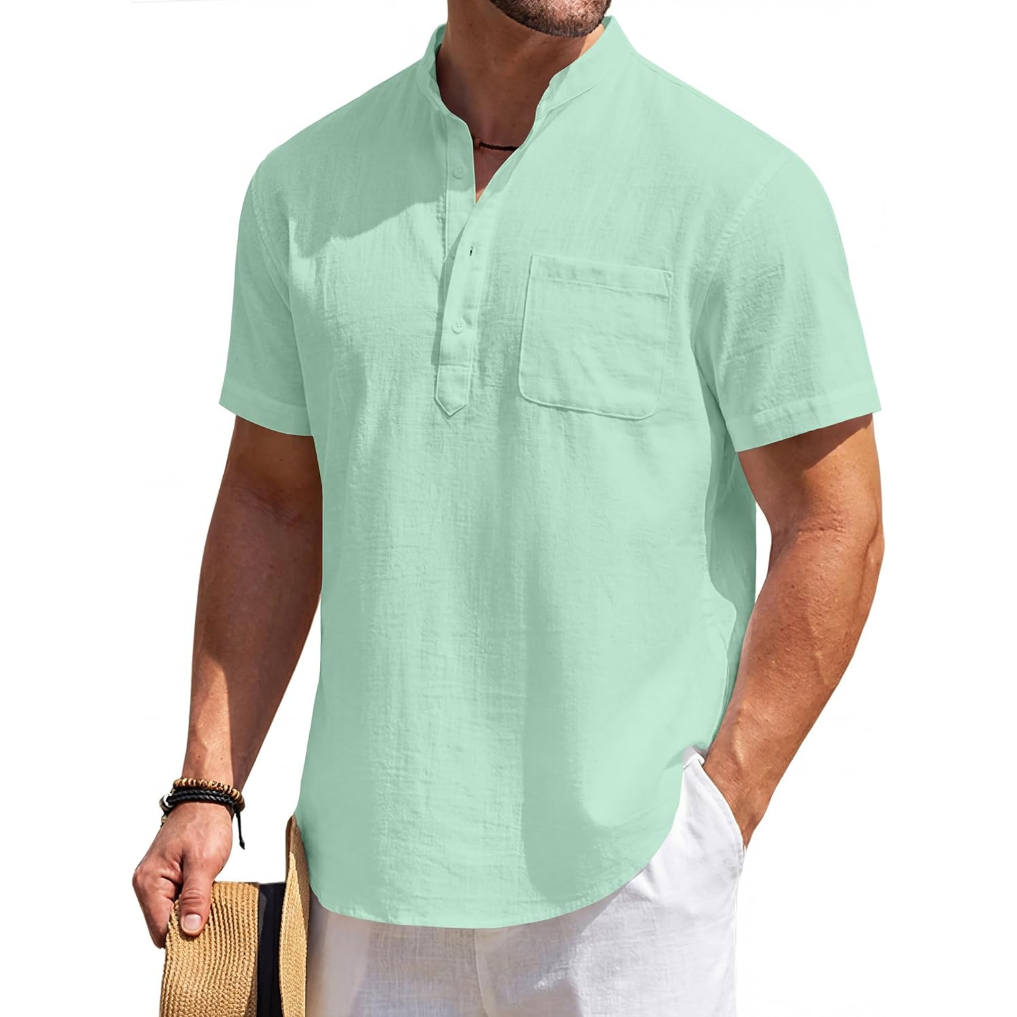 Casual Linen Henley Beach Shirt With Pocket