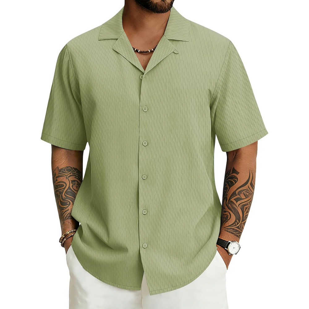 Casual Textured Cuban Beach Button Down Shirt