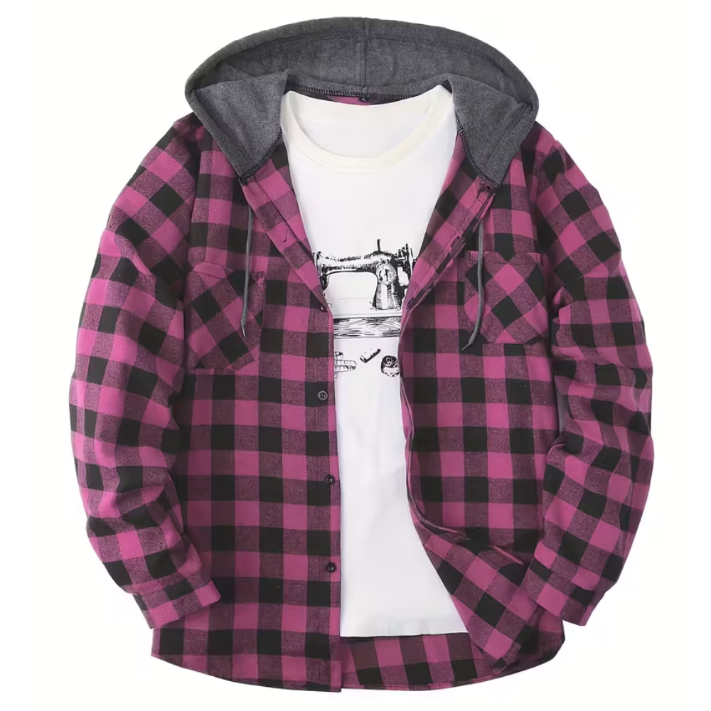 Checkered Button Front Jacket With Hood For Men
