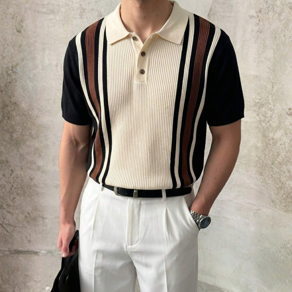 Striped Short Sleeve Knit Polo Shirt For Men